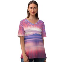 yanfind V Neck T-shirt for Women Romain Guy Clouds Reflection Lake Mountains Landscape Scenery Fog Summer Top  Short Sleeve Casual Loose