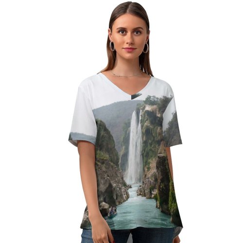 yanfind V Neck T-shirt for Women Cliff Ocean Colorful River Wallpapers Lonely Wildlife Mountain Outdoors Awesome Beauty Summer Top  Short Sleeve Casual Loose