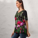 yanfind V Neck T-shirt for Women Ricardo Gomez Angel Flowers Tulip Flowers Multicolor Colorful Blossom Spring Plant Trees Summer Top  Short Sleeve Casual Loose