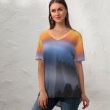 yanfind V Neck T-shirt for Women Sunrise Dawn Early Morning Foggy Summer Top  Short Sleeve Casual Loose