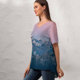 yanfind V Neck T-shirt for Women Ricardo Nanhu Mountain Taiwan Taroko National Park Glacier Mountains Snow Covered Sky Summer Top  Short Sleeve Casual Loose