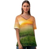 yanfind V Neck T-shirt for Women Sunrise Paddy Fields Landscape Countryside Agriculture Morning Scenic Summer Top  Short Sleeve Casual Loose
