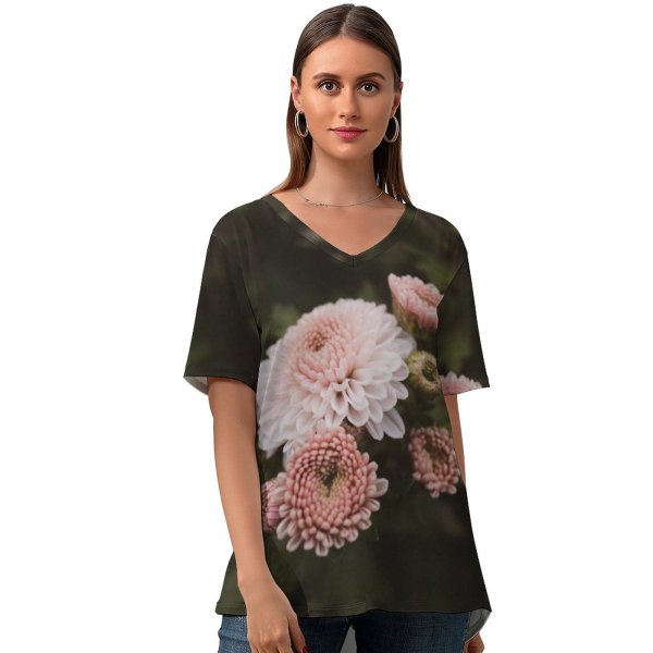 yanfind V Neck T-shirt for Women Fall Autumn Flowers Public Wallpapers Dahlia Plant Pollen Warm Cozy Pictures Summer Top  Short Sleeve Casual Loose