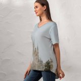 yanfind V Neck T-shirt for Women Castle Building Buena River Fun Wallpapers Lake Architecture Tree Free Church Summer Top  Short Sleeve Casual Loose