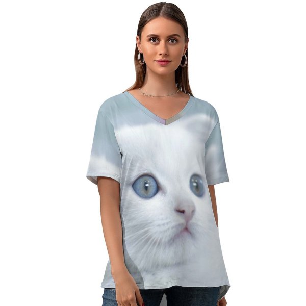yanfind V Neck T-shirt for Women Lovely Wallpapers Pictures Pet Kitten Angora Stock Free Cute Cat Summer Top  Short Sleeve Casual Loose