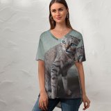 yanfind V Neck T-shirt for Women Lovely Kitty Pet Eye Manx Wallpapers Decor Abyssinian Free Blueish Pictures Summer Top  Short Sleeve Casual Loose