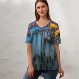 yanfind V Neck T-shirt for Women Old Pier Poles York City Cityscape Lights Dusk Sky Skyscrapers Landscape Summer Top  Short Sleeve Casual Loose