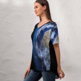 yanfind V Neck T-shirt for Women PIROD Space Black Dark Earth Planet Warming Summer Top  Short Sleeve Casual Loose