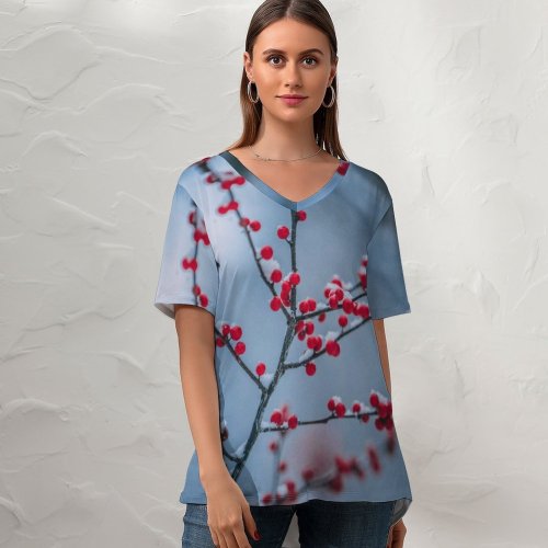 yanfind V Neck T-shirt for Women Bush Christmas Flora Frost Snow Wallpapers Plant Branches Tree Stock Free Summer Top  Short Sleeve Casual Loose