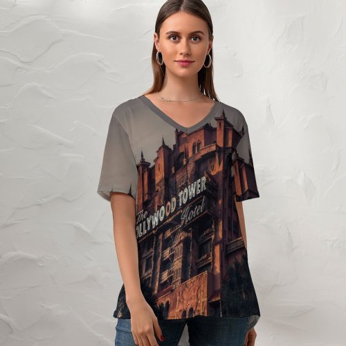 yanfind V Neck T-shirt for Women Creepy Building Buena Mansion Wallpapers Halloween Lake Architecture Happy Spooky States Summer Top  Short Sleeve Casual Loose
