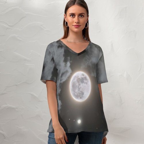 yanfind V Neck T-shirt for Women Selenophile_photo Moon Jupiter Saturn Night Dark Cloudy Surreal Summer Top  Short Sleeve Casual Loose