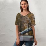 yanfind V Neck T-shirt for Women Go Public Traveler Hood Wanderlust Travel Tree Backpack Hitchhiking Hitchhiker Road Summer Top  Short Sleeve Casual Loose