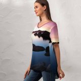 yanfind V Neck T-shirt for Women Romain Guy Landscape Rocks Lake Sunset Dusk Sky Reflection Clear Sky Summer Top  Short Sleeve Casual Loose