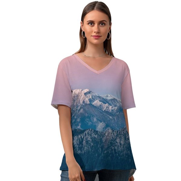 yanfind V Neck T-shirt for Women Ricardo Nanhu Mountain Taiwan Taroko National Park Glacier Mountains Snow Covered Sky Summer Top  Short Sleeve Casual Loose