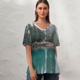 yanfind V Neck T-shirt for Women Shoreline Fir Ocean Land Wallpapers Sea Plant Lake Mountain Outdoors Tree Summer Top  Short Sleeve Casual Loose