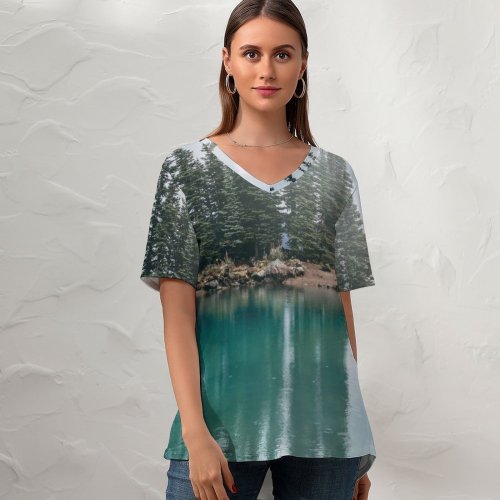 yanfind V Neck T-shirt for Women Shoreline Fir Ocean Land Wallpapers Sea Plant Lake Mountain Outdoors Tree Summer Top  Short Sleeve Casual Loose