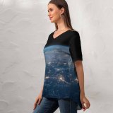 yanfind V Neck T-shirt for Women Space SciFi Earth Spaceship Night Summer Top  Short Sleeve Casual Loose
