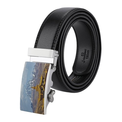yanfind Belt Sichuan Chinese Snowcapped Architecture Building Range Spirituality Monastery Landscape Tibet Tibetan Gold Men's Dress Casual Every Day Reversible Leather Belt