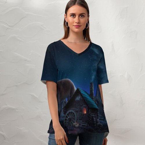 yanfind V Neck T-shirt for Women Carles Marsal Fantasy Witch Fox Wild Starry Sky Twilight Night Time Digital Summer Top  Short Sleeve Casual Loose