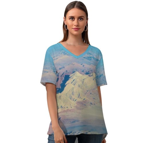 yanfind V Neck T-shirt for Women Landscape Aerial Snow Wallpapers Mountain Outdoors Scenery Tahran Art Pictures İran Summer Top  Short Sleeve Casual Loose