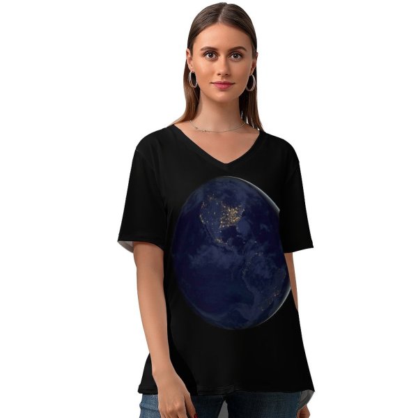 yanfind V Neck T-shirt for Women Space Black Dark Earth Night IOS Summer Top  Short Sleeve Casual Loose