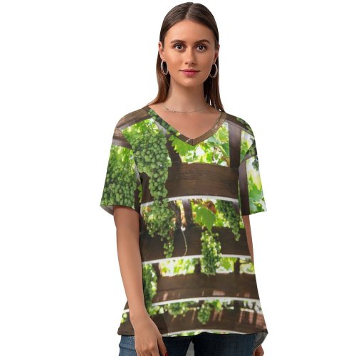 yanfind V Neck T-shirt for Women Flora Vine Vineyard Grapes Faistos Plant Hang Fruits Stock Free Wine Summer Top  Short Sleeve Casual Loose