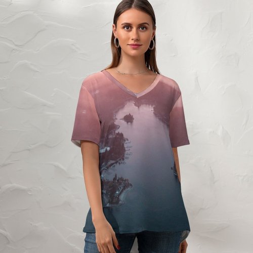yanfind V Neck T-shirt for Women Fog Mist River Aerial Quiet Wallpapers Lake Mountain Tree Free States Summer Top  Short Sleeve Casual Loose