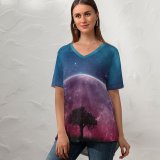 yanfind V Neck T-shirt for Women Space Lone Tree Planet Surreal Night Silhouette Starry Sky Summer Top  Short Sleeve Casual Loose