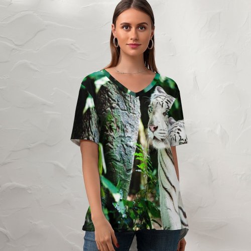 yanfind V Neck T-shirt for Women Simon Bardet Tiger Bengal Tiger Forest Daytime Big Cat Summer Top  Short Sleeve Casual Loose