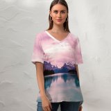 yanfind V Neck T-shirt for Women Jasper HQ Maligne Landscape Public Snow Wallpapers Lake Mountain Outdoors Awesome Summer Top  Short Sleeve Casual Loose