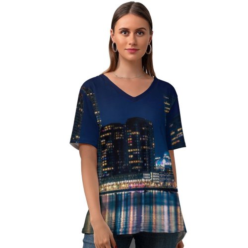 yanfind V Neck T-shirt for Women Carsten Heyer City Rotterdam Netherlands Nightscape Cityscape Reflection Night Lights Skyscrapers Modern Summer Top  Short Sleeve Casual Loose