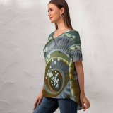 yanfind V Neck T-shirt for Women Spiral Staircase Chandelier Wooden Stairs Summer Top  Short Sleeve Casual Loose
