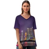yanfind V Neck T-shirt for Women Shanghai City Reflection Skyscrapers Night Life Cityscape Lights Architecture Summer Top  Short Sleeve Casual Loose