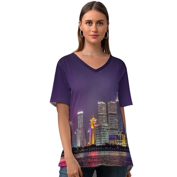 yanfind V Neck T-shirt for Women Shanghai City Reflection Skyscrapers Night Life Cityscape Lights Architecture Summer Top  Short Sleeve Casual Loose