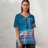 yanfind V Neck T-shirt for Women Pang Yuhao Marina Bay Sands Singapore Hour Night Lights Waterfront Reflection Modern Summer Top  Short Sleeve Casual Loose