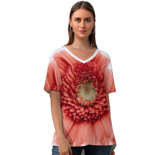 yanfind V Neck T-shirt for Women Paweł Czerwiński Flowers Gerbera Daisy Flower Closeup Macro Blossom Bloom Spring Flower Summer Top  Short Sleeve Casual Loose
