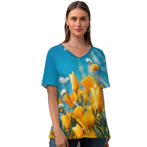 yanfind V Neck T-shirt for Women Floral Flora Spring HQ Sky Wallpapers Plant Lake Garden Tulip States Summer Top  Short Sleeve Casual Loose