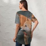 yanfind V Neck T-shirt for Women Lovely Pet HQ Mood Wallpapers Pup Shiba Pictures Moody Strap Flagstone Summer Top  Short Sleeve Casual Loose