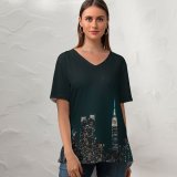 yanfind V Neck T-shirt for Women Sanaan Mazhar York City Cityscape Night City Lights Half Moon Starry Sky Summer Top  Short Sleeve Casual Loose
