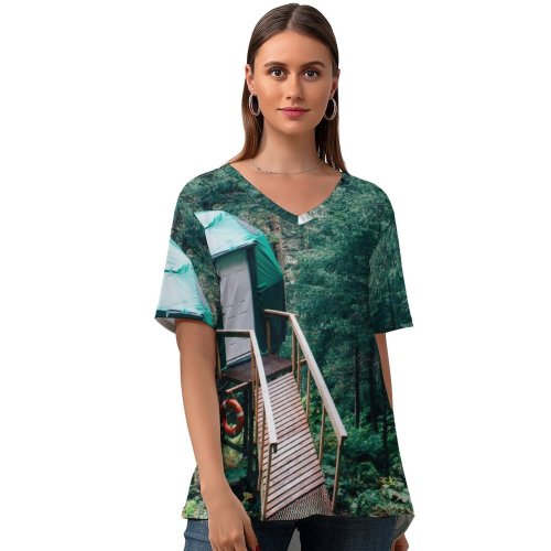 yanfind V Neck T-shirt for Women Land Building Flora Seward Cabin Quiet Wallpapers Plant Outdoors Tree States Summer Top  Short Sleeve Casual Loose
