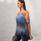 yanfind V Neck T-shirt for Women Sunrise Dawn Early Morning Foggy Summer Top  Short Sleeve Casual Loose