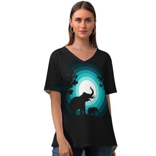 yanfind V Neck T-shirt for Women Suryapraveen Black Dark Minimal Elephant Elephant Cub Silhouette Night Teal Summer Top  Short Sleeve Casual Loose