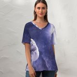 yanfind V Neck T-shirt for Women Space Astronaut Plane Astronomy USA NASA Summer Top  Short Sleeve Casual Loose