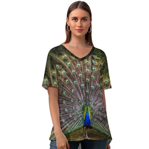 yanfind V Neck T-shirt for Women Paul Carmona Peacock Grass Beautiful Feathers Bird Trees Colorful Summer Top  Short Sleeve Casual Loose