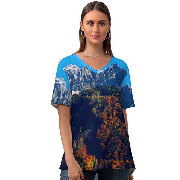 yanfind V Neck T-shirt for Women Ricardo Gomez Angel Autumn Trees Snow Mountains Sky Glacier Landscape Mountain Range Summer Top  Short Sleeve Casual Loose