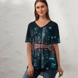 yanfind V Neck T-shirt for Women Pang Yuhao Singapore City Skyscrapers Modern Architecture Night Life City Lights Reflection Summer Top  Short Sleeve Casual Loose