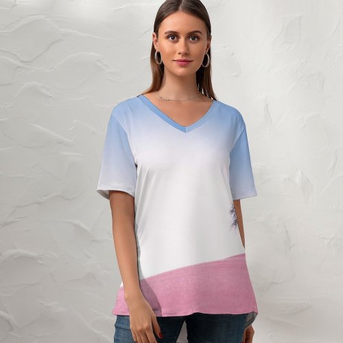 yanfind V Neck T-shirt for Women Solitude Tree Clear Sky Landscape Surreal Sand Desert Swing Scenery Summer Top  Short Sleeve Casual Loose