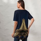 yanfind V Neck T-shirt for Women Samuele Giglio Architecture Eiffel Tower Paris France Dark Night Lights Steel Structure Summer Top  Short Sleeve Casual Loose