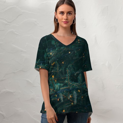 yanfind V Neck T-shirt for Women Celebrations Christmas Pine Trees Decoration LED Lights Christmas Decoration Summer Top  Short Sleeve Casual Loose