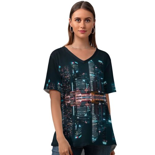 yanfind V Neck T-shirt for Women Pang Yuhao Singapore City Skyscrapers Modern Architecture Night Life City Lights Reflection Summer Top  Short Sleeve Casual Loose